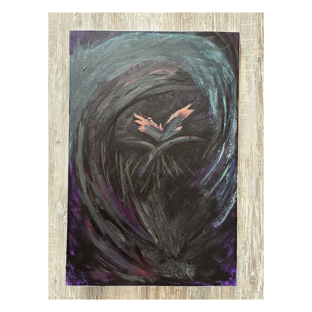 An abstract emotional Canvas Art Print painting featuring a dark, swirling composition with a small glowing orange and pink shape near the center, rendered in black, gray, teal, purple, and red tones on a light wood background.