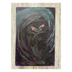 An abstract emotional Canvas Art Print painting featuring a dark, swirling composition with a small glowing orange and pink shape near the center, rendered in black, gray, teal, purple, and red tones on a light wood background.