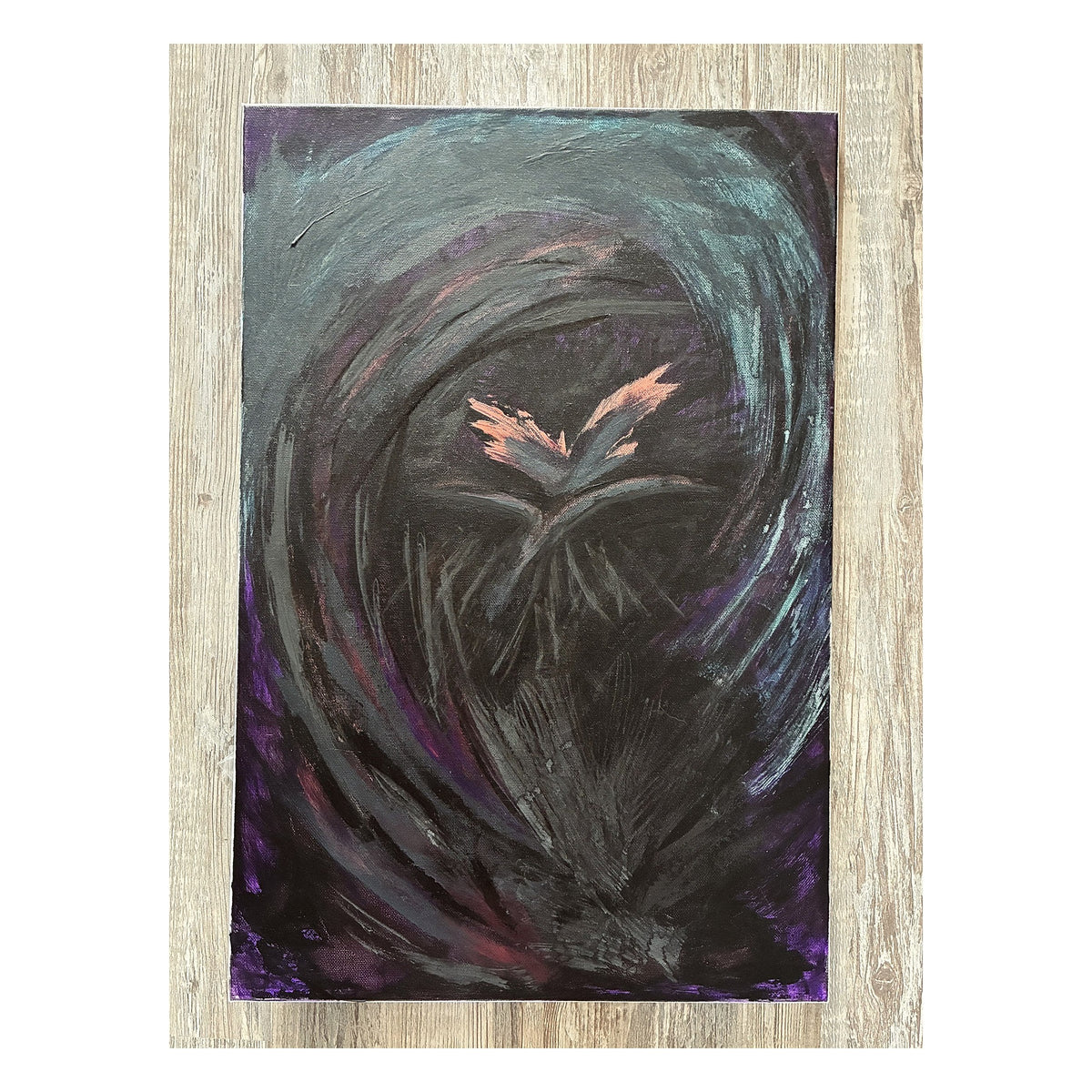 An abstract emotional Canvas Art Print painting featuring a dark, swirling composition with a small glowing orange and pink shape near the center, rendered in black, gray, teal, purple, and red tones on a light wood background.