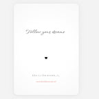 A minimalist white art print greeting card with rounded corners, featuring the cursive quote 'Follow your dreams' in black, a small black heart in the center, and additional small text at the bottom including 'She is the ocean.