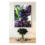 A vertical canvas wall art print depicting dark purple tulips, displayed on a light beige wall above a floor arrangement of black roses and scattered petals.
